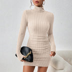 Women Dresses Elegant Party Autumn Winter Mini Dresses Sheath Turtleneck Long Sleeves Knitted Bodycon