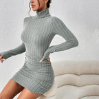 Women Dresses Elegant Party Autumn Winter Mini Dresses Sheath Turtleneck Long Sleeves Knitted Bodycon