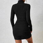 Women Dresses Elegant Party Autumn Winter Mini Dresses Sheath Turtleneck Long Sleeves Knitted Bodycon