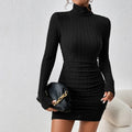 Women Dresses Elegant Party Autumn Winter Mini Dresses Sheath Turtleneck Long Sleeves Knitted Bodycon