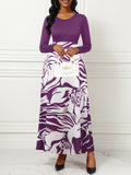 Purple Elegant Style Women Dresses Long Sleeve Round Neck Printed Hem Long Dress