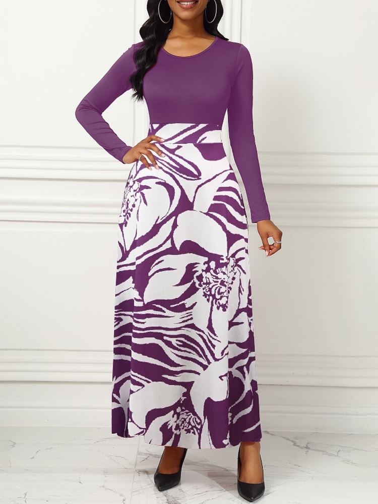 Purple Elegant Style Women Dresses Long Sleeve Round Neck Printed Hem Long Dress