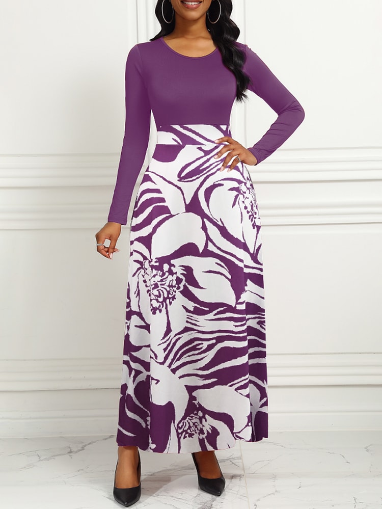 Purple Elegant Style Women Dresses Long Sleeve Round Neck Printed Hem Long Dress
