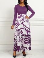Purple Elegant Style Women Dresses Long Sleeve Round Neck Printed Hem Long Dress