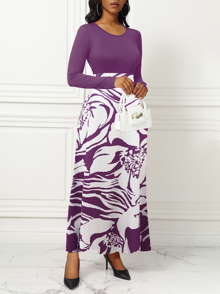 Purple Elegant Style Women Dresses Long Sleeve Round Neck Printed Hem Long Dress