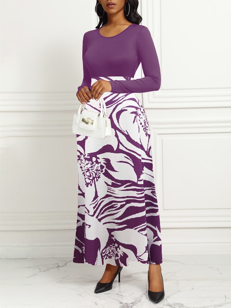Purple Elegant Style Women Dresses Long Sleeve Round Neck Printed Hem Long Dress