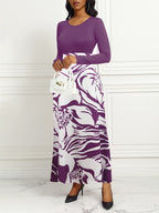 Purple Elegant Style Women Dresses Long Sleeve Round Neck Printed Hem Long Dress